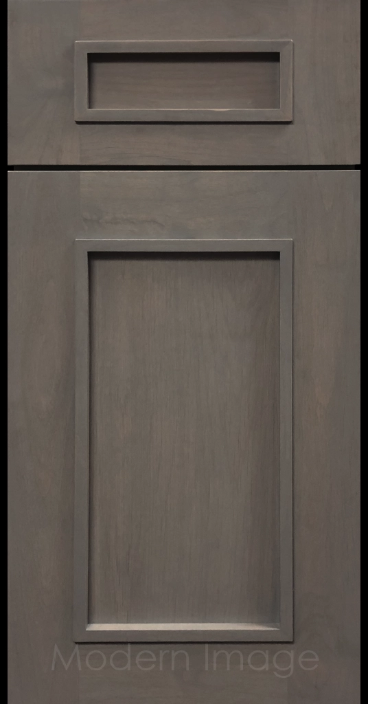 Pewter-stained Gilbert cabinet a recessed flat panel and elevated molding.